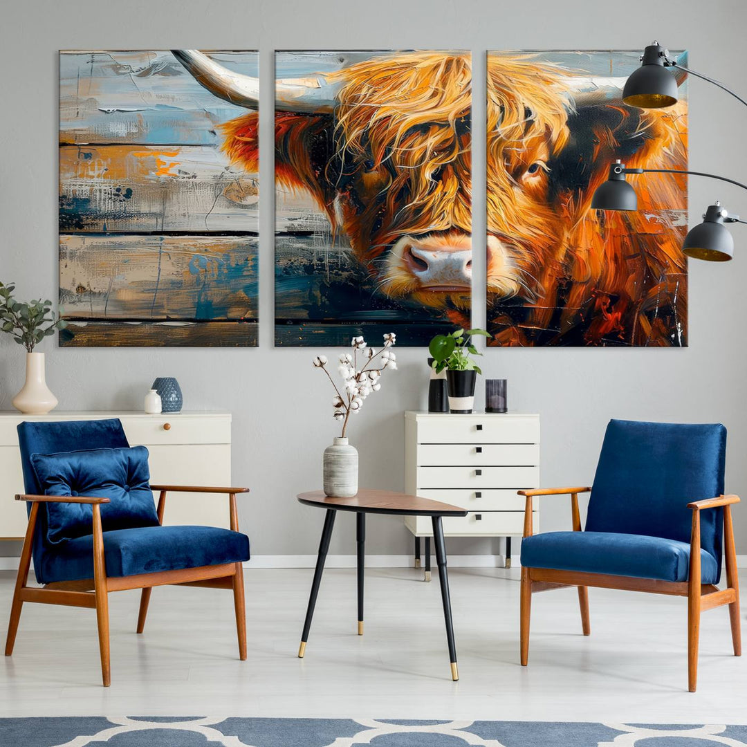 The Highland Cow Abstract Canvas Wall Art, a bold piece of farmhouse rustic decor, adds charm to the modern living room.