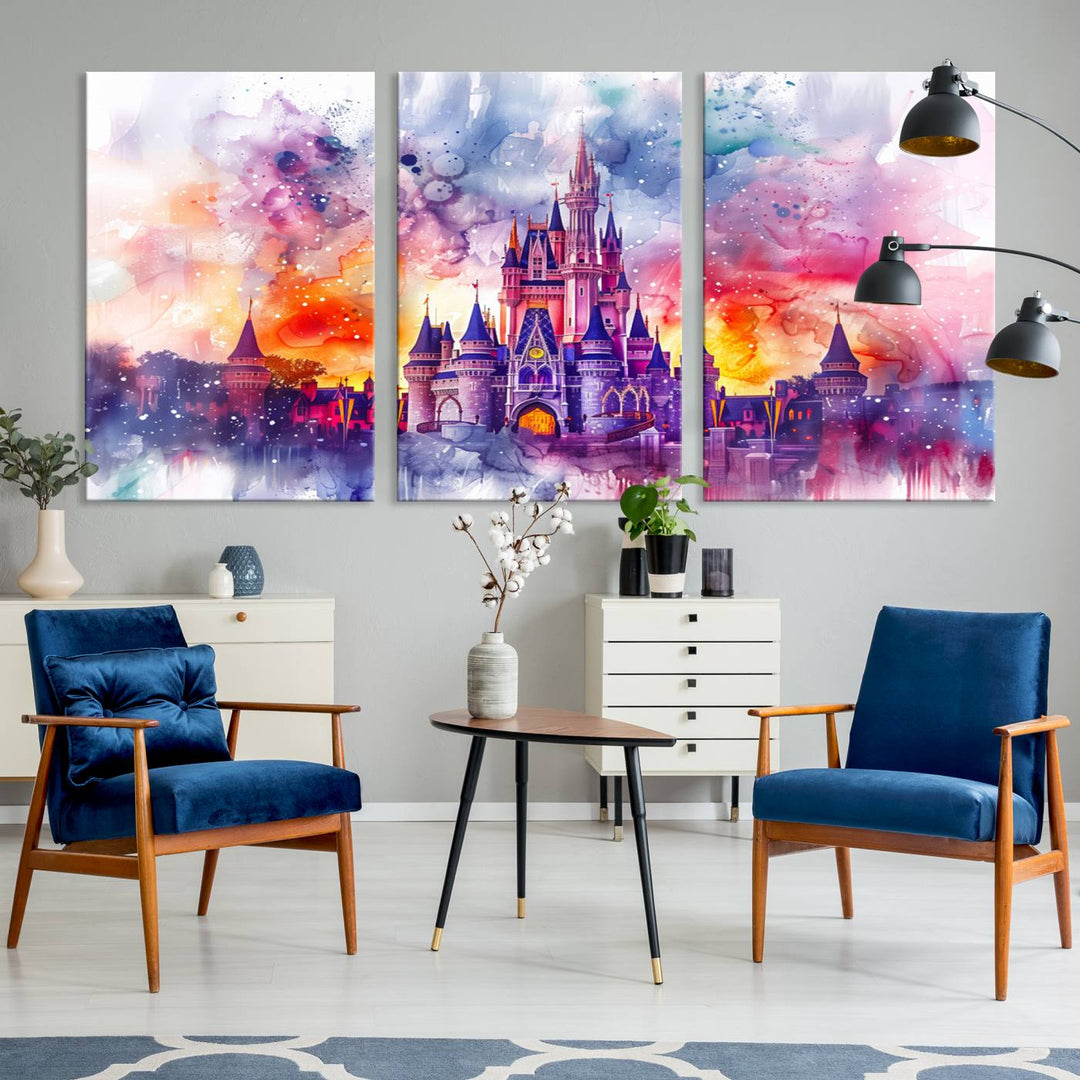 A vibrant piece of wall art depicting the Cinderella Castle from Disneyland, presented as a watercolor painting on premium canvas, is displayed.