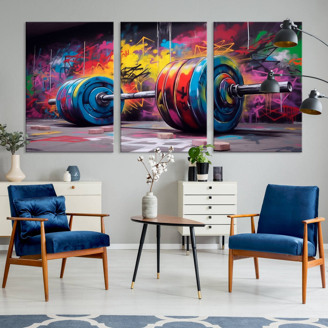 Colorful Graffiti Barbell Canvas Wall Art – Urban Fitness Meets Bold Street Art – Ready to Hang