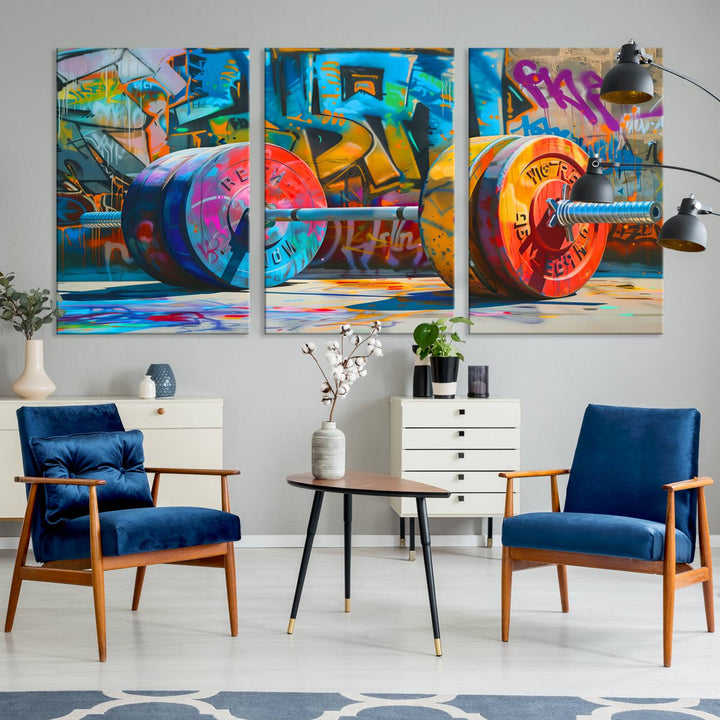 The Fitness Gym Barbell Graffiti Wall Art Canvas Print, a vibrant triptych featuring a barbell against a graffiti backdrop, elegantly hangs in the room. Crafted on premium canvas with a gallery-quality finish, this stunning piece of wall art effortlessly combines urban flair with sophisticated decor.