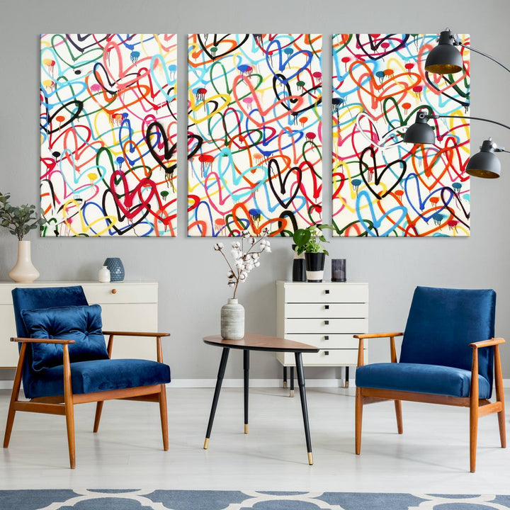 The "Colorful Love Canvas print," featuring vibrant abstract street art with overlapping loops, is handmade in the USA.