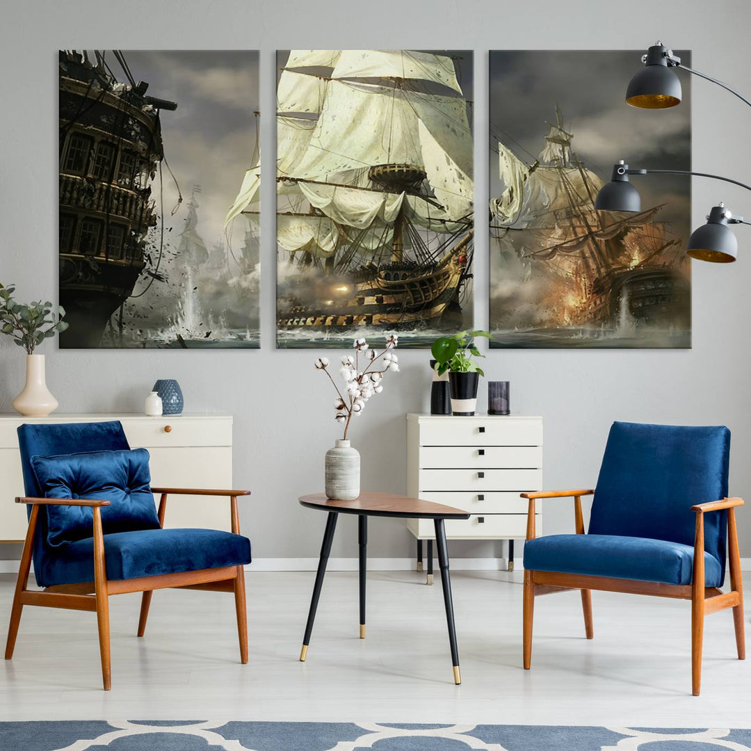 The Pirate Ship War Wall Art Canvas Print, featuring a stunning three-panel depiction of an intense sea battle with tall ships, boasts a gallery-quality finish that adds an elegant touch to its display.