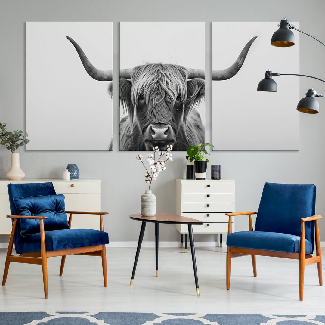 A triptych titled "Farmhouse Longhorn Wall Art Canvas Print, Longhorn Texas Wall Art Canvas Print," rendered in a gallery-quality finish, hangs prominently on the wall.