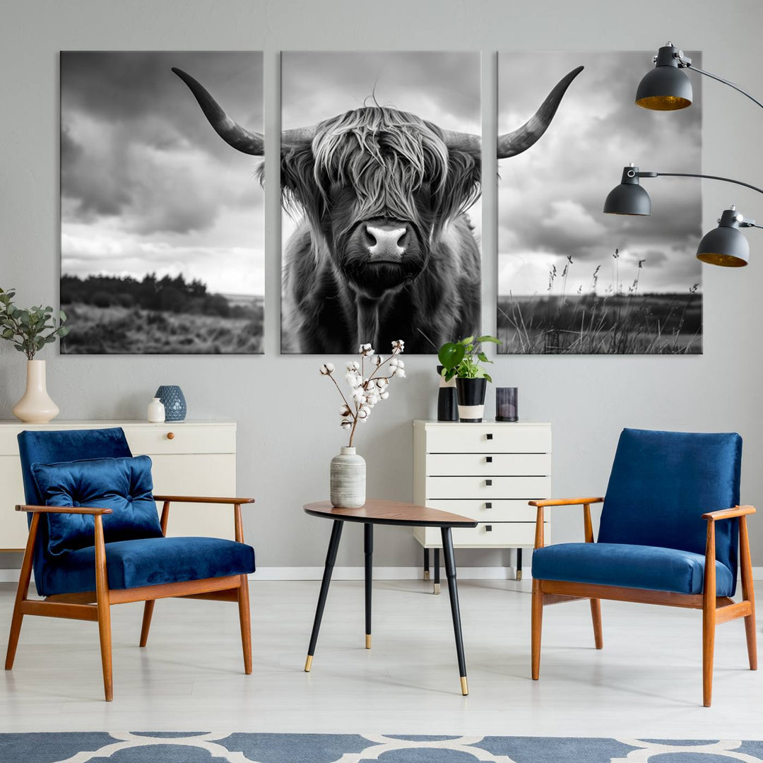 A stunning gallery-quality piece, the "Scottish Cow Wall Art Canvas Print | Longhorn Wall Art | Bighorn Animal Wall Art," depicts a Highland cow with long horns and shaggy fur. This captivating wall art elegantly enhances the space.