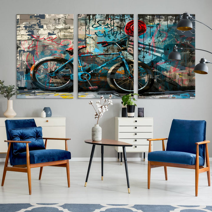 A modern living room features a triptych wall art of an abstract bicycle, designed in a graffiti style on a brick wall. This piece is expertly crafted on the Abstract Bicycle Wall Art Canvas Print, offering a premium canvas that ensures a gallery-quality finish.