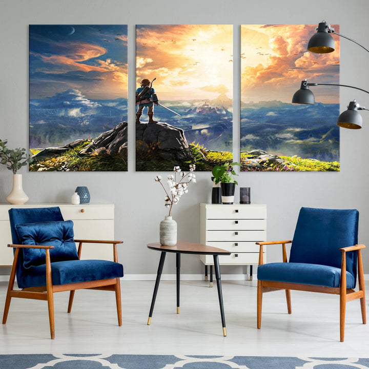 The Legend of Zelda Breath of the Wild Game Wall Art Canvas Print showcases a fantasy landscape with a character on a cliff, all rendered in gallery-quality finish on premium canvas.