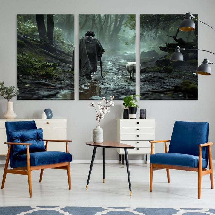 The "Forest Jesus Shepherd Canvas Wall Art" features a person with a cane, clothed in a cloak, walking beside a sheep through a misty forest. This piece captures tranquility and is ideal for adding serenity to your living room, office, or bedroom decor.