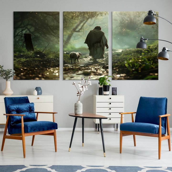 The wall art piece, titled "Jesus Shepherd a Lost Lamb Canvas Wall Art Print," is suspended on the wall and depicts a robed figure and a lamb wandering along a forest path.