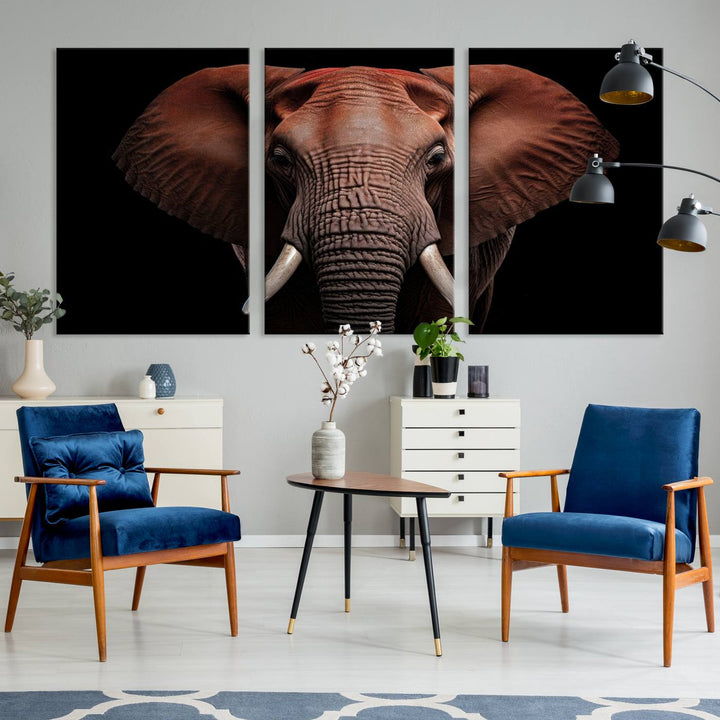 A stunning triptych titled "Wild Elephant Wall Art Canvas Print" beautifully enhances the wall above a contemporary living room. This Africa Savannah Wild Animal Wall Decor Print is of museum-quality, complete with a UV-protective coating to ensure its vibrancy and beauty are preserved for years.