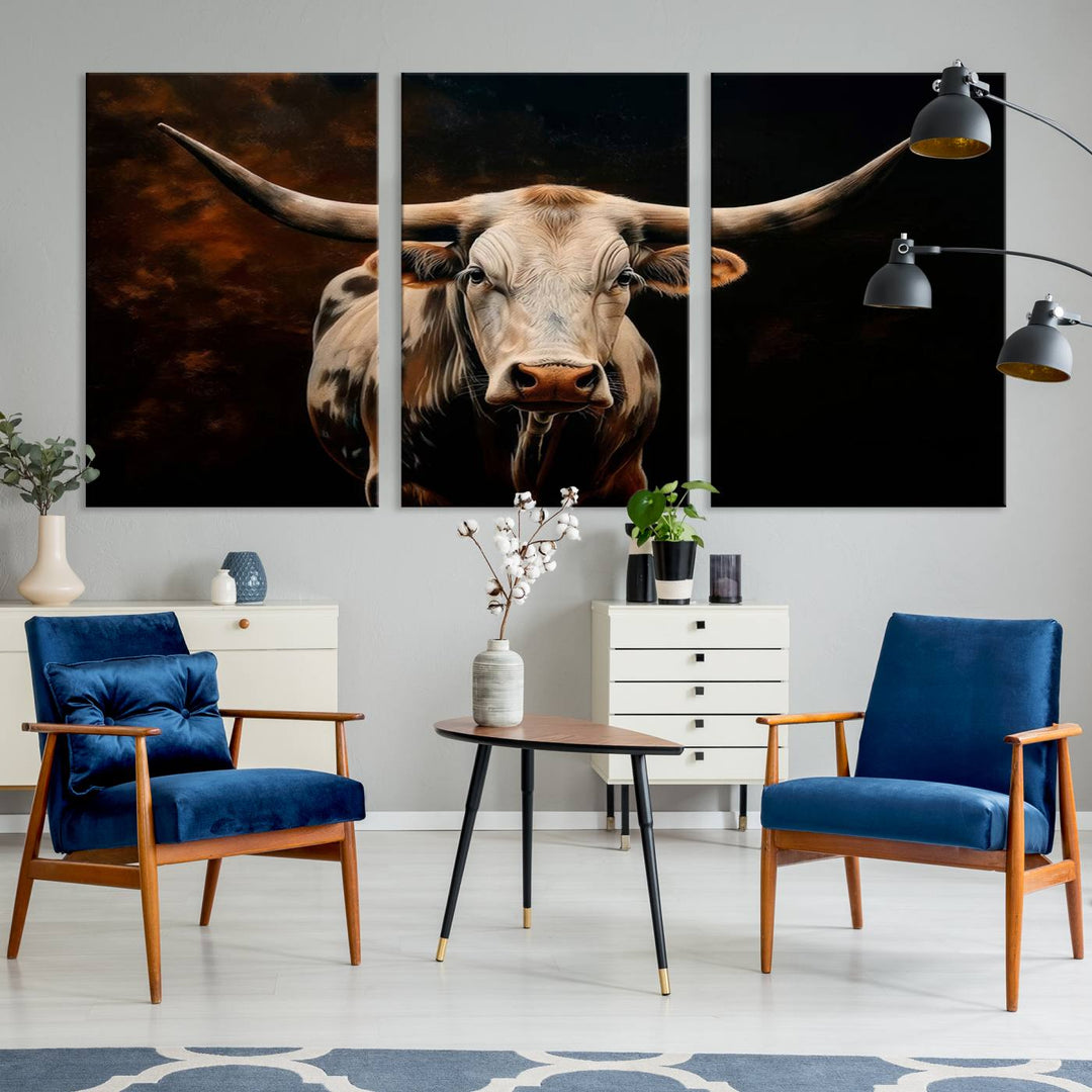 The Texas Longhorn Wall Art, a 3-panel large canvas print, infuses the room with a dash of cowboy charm.