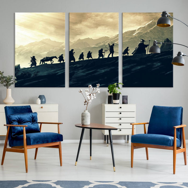 A canvas print titled "Lord of the Rings Silhouette Wall Art Capturing the Epic Quest Through Middle-Earth - The Fellowship's Journey" is displayed.