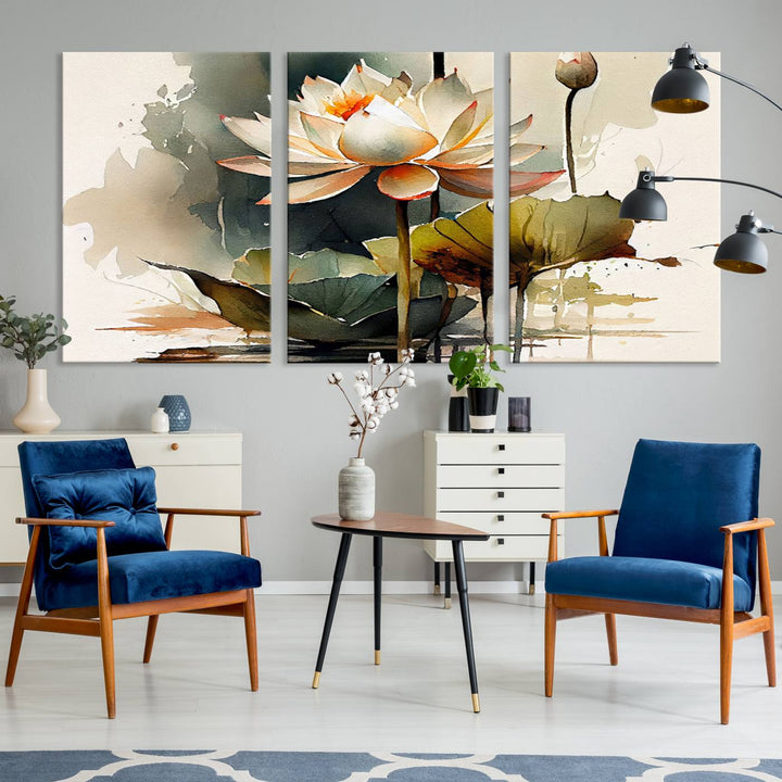 The Lotus Flower Watercolor Canvas Print, a contemporary wall art piece symbolizing serenity and growth with its soft watercolors, adorns the wall.