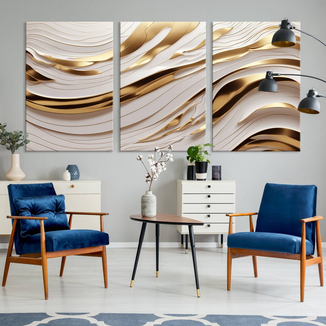 The "Gold and White Abstract Wave Canvas – Elegant Flowing Design with Luxurious Golden Accents" beautifully enhances the area and creates a stunning focal point in the room.