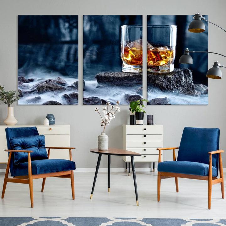 The Whiskey Ice Wall Art Canvas Print, a triptych featuring a glass of whiskey on the rocks, is crafted with a gallery-quality finish on premium canvas.