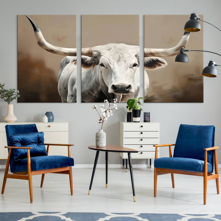 Texas Longhorn Canvas Wall Art features a triptych design on premium canvas with a gallery-quality finish.