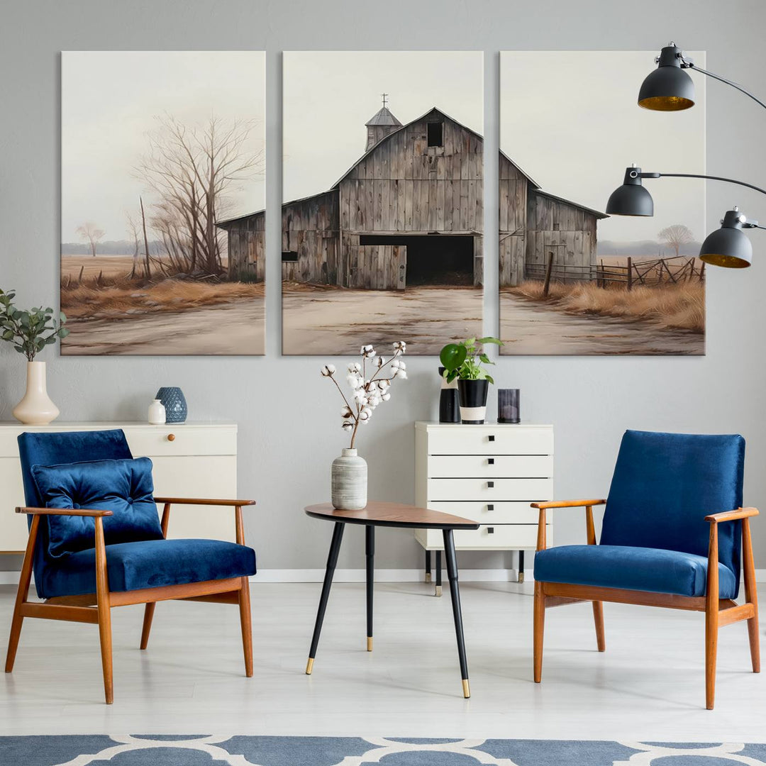 A framed and ready-to-hang Farmhouse Rustic Barn Wall Art Canvas Print is displayed against a gray wall. This stylish modern living room seamlessly combines rural life wall décor with contemporary comfort.