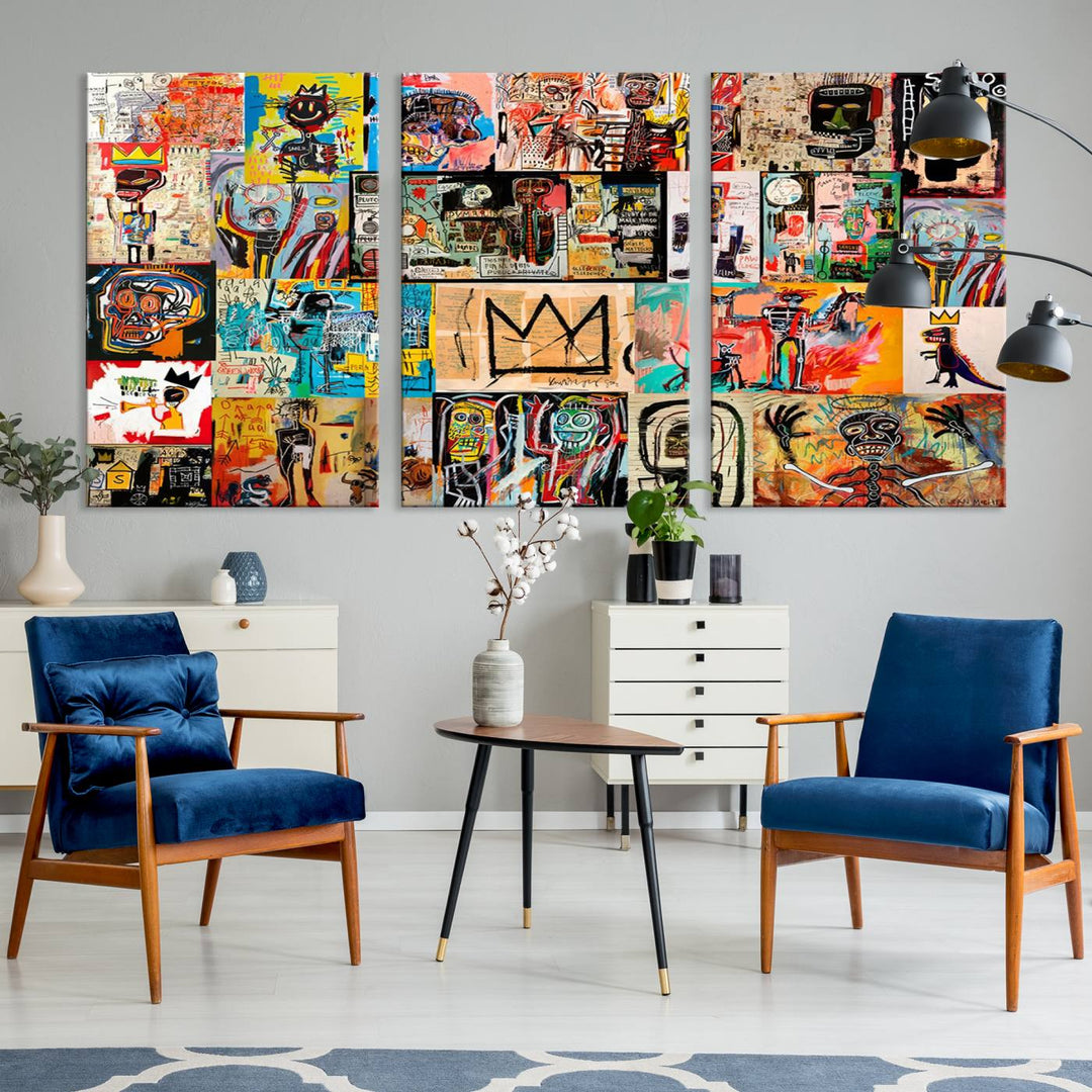 A vibrant Basquiat Art Collage Wall Art Canvas Print in an urban graffiti style adds a modern artistic flair.