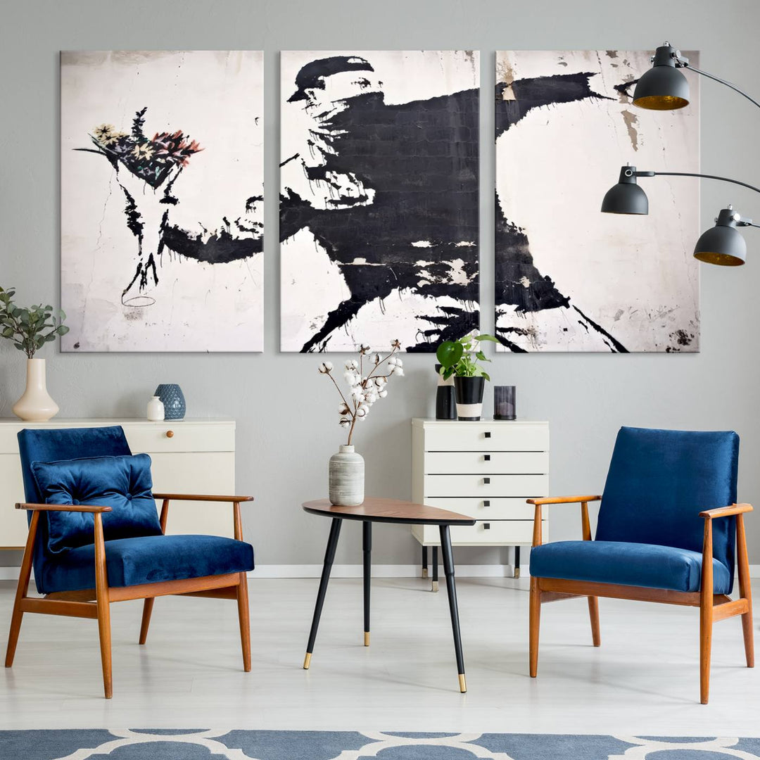 The living room features a split-panel art piece named "Banksy Flower Throw Graffiti Street Wall Art Canvas Print," gallery wrapped on museum-quality polycotton canvas and accentuated by modern decor elements.