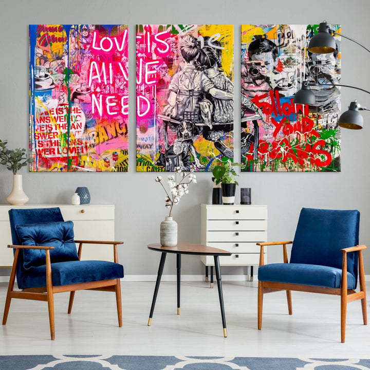 A vivid display of the "Follow Your Dreams & Love is All We Need" graffiti street art energizes a modern room with its three-panel arrangement. This bold giclee canvas print infuses any contemporary space with dynamic flair.