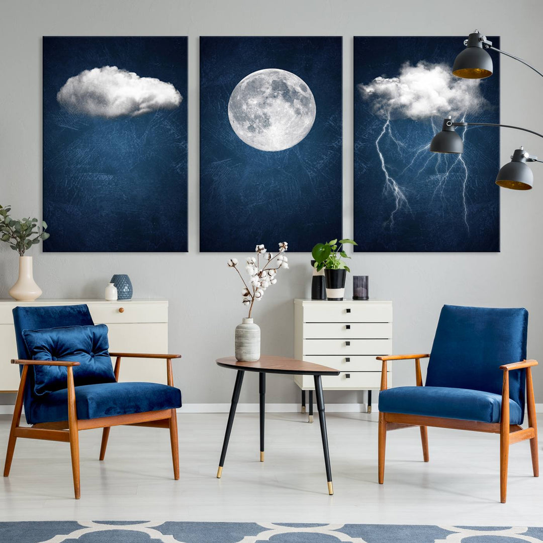 Dark Blue Cloud Art, 3 Piece Indigo Blue Wall Art, Aesthetic Surreal Art, Thunderstorm Moon Cloud Artworks 