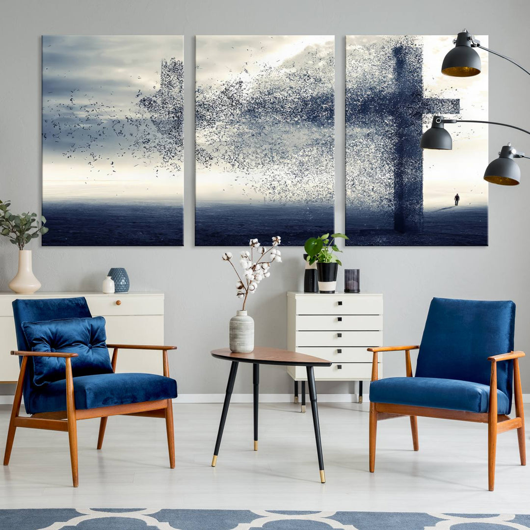 The "Jesus and the Fading Cross – Symbol of Faith" framed canvas print beautifully depicts a cross formed by birds against a moody sky above an ocean. This piece of Christian wall art infuses spirituality into the minimalist space.