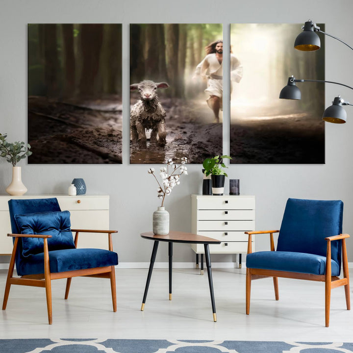 Discover the "Jesus Canvas Wall Art: Jesus Running After Lost Lamb," an exquisite triptych canvas piece that beautifully depicts Jesus in pursuit of a lost lamb within a forest setting. This artwork features a gallery-quality finish and is handmade in the USA, adding both charm and craftsmanship to your space. Perfect for Christian home decor enthusiasts.