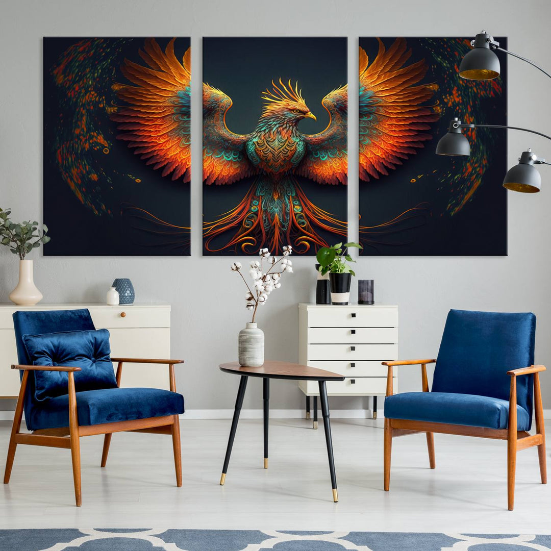 The Majestic Phoenix Wall Art Canvas Set, a fiery symbol of rebirth and strength, graces the wall.