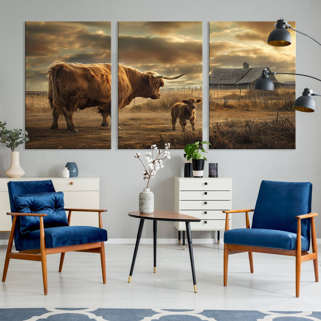 The living room features the "Highland Cow Canvas Wall Art Animal Print Pictures Fluffy Cattle Art," which captures a cow and calf in a rural sunset scene, adding gallery-quality charm.