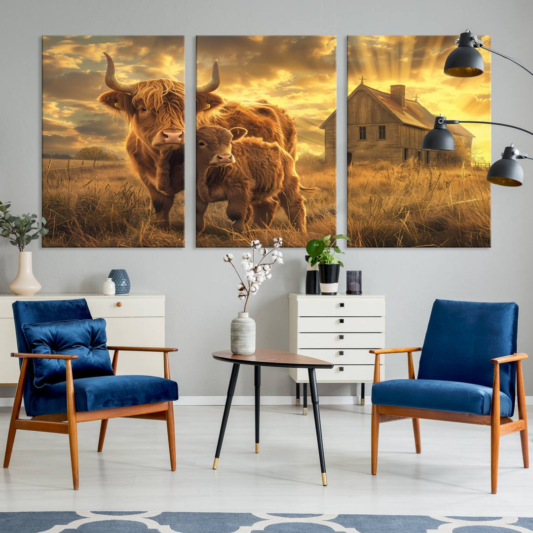 The room features the Barn and Highland Cow Canvas Wall Art Animal Print, a three-panel canvas depicting cows in a sunset field with a rustic barn backdrop. This handmade piece brings charm and character with its gallery-quality finish.