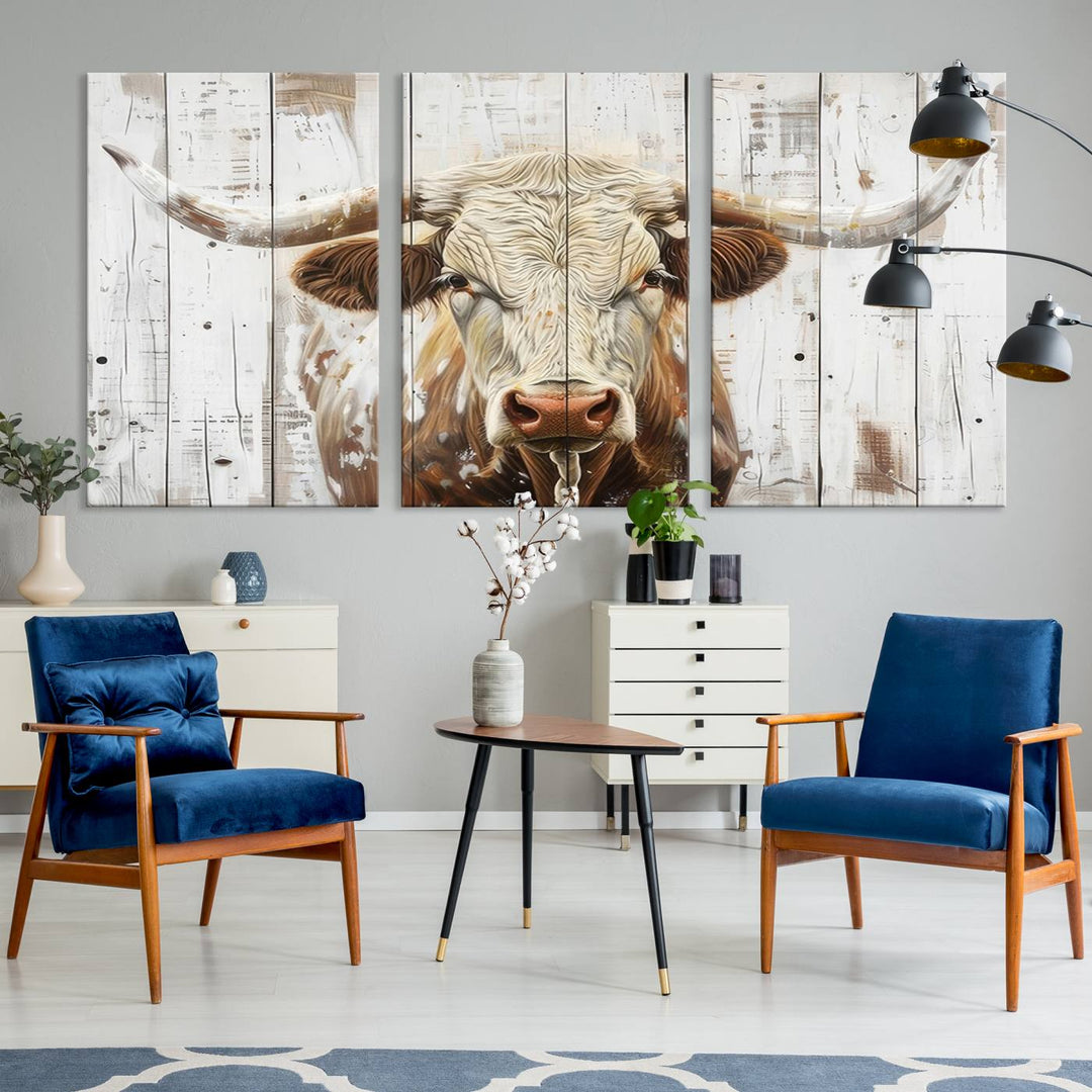 The dimly lit room is enhanced with Western charm by the Rustic Longhorn Bull Wall Art Canvas Set—Western-Inspired Farmhouse Décor, elegantly displayed on the wall.