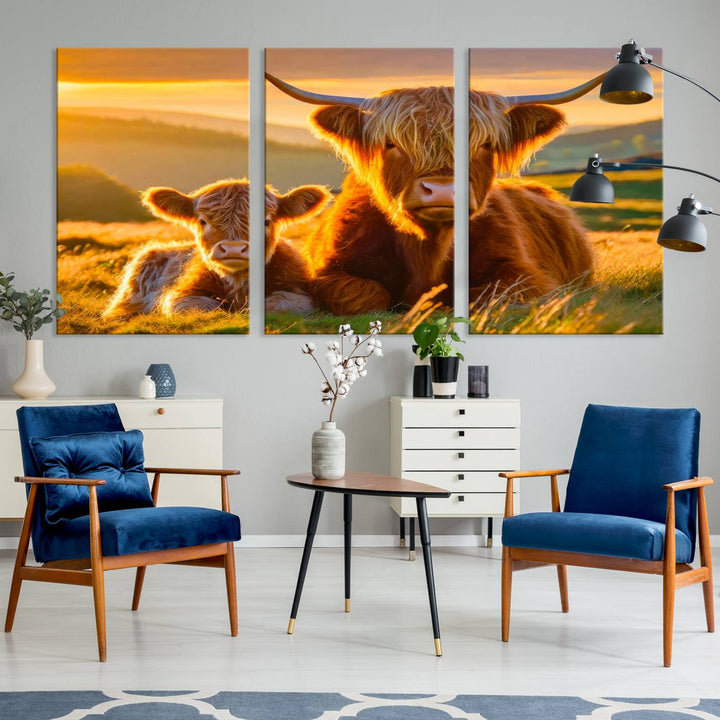 The living room showcases a gallery-quality finish with the Scottish Cow and Baby Cow Canvas Wall Art, featuring a charming animal print of fluffy cattle as the centerpiece. This stunning piece is displayed on premium canvas, creating an inviting atmosphere.