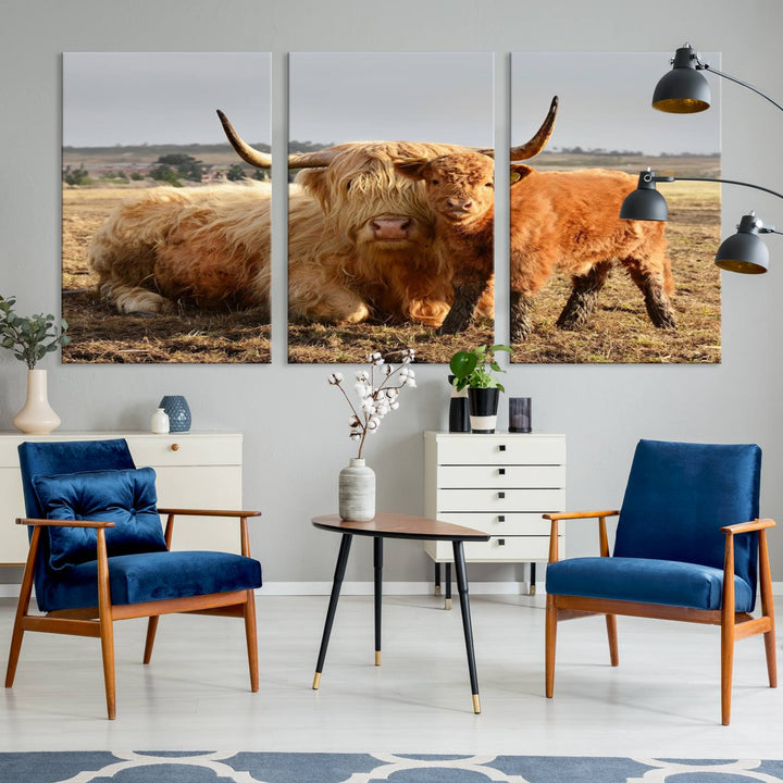 The three-panel canvas artwork, titled "Highland Cow Canvas Wall Art Animal Print for Farm House Decor," features a serene scene of a resting Highland cow and calf in a field. The piece highlights its gallery-quality finish.