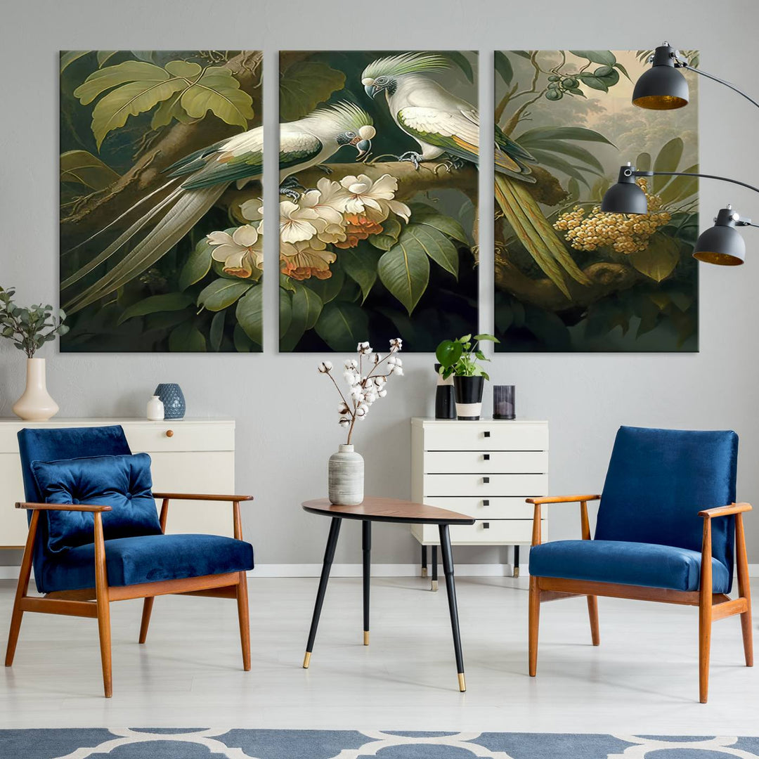 Crafted in the USA, this Tropical Paradise Print wall art features a stunning parrot amidst a lush forest and beautiful flowers.