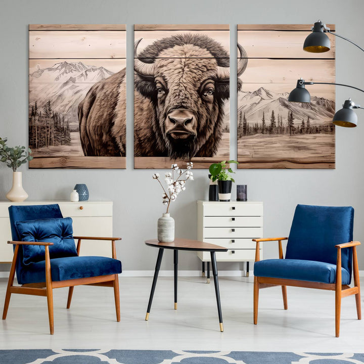 A stunning triptych artwork from the "Bison Canvas Wall Art American Buffalo Print Rustic Decor for Farmhouse Wall Art" collection graces the modern living room. Its vibrant colors are enhanced by museum-quality canvas and a UV-protective coating. The gallery-wrapped piece adds elegance to the space.