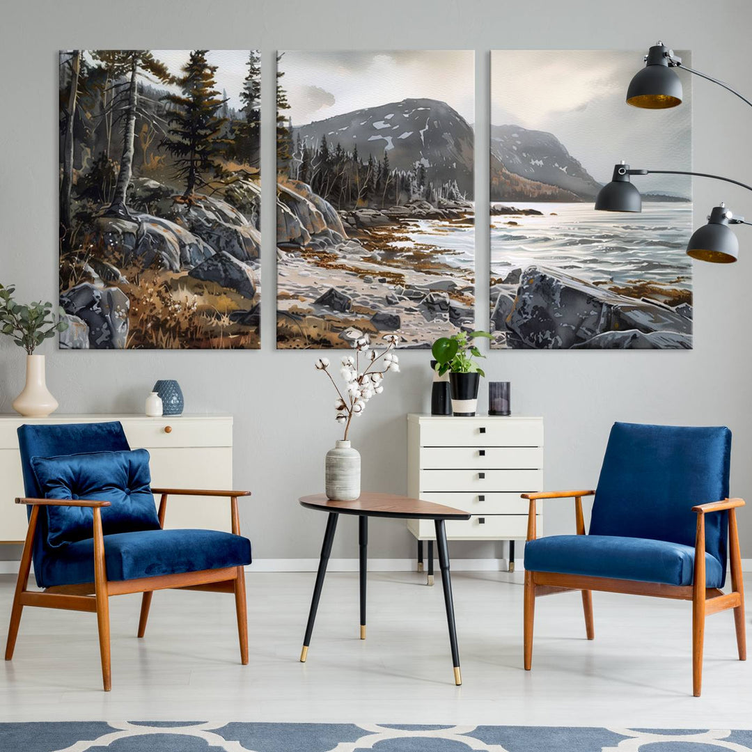 The stunning Serene Coastal View of Acadia National Park is a 3-panel wall art canvas print that beautifully captures a tranquil mountain and lake scene.