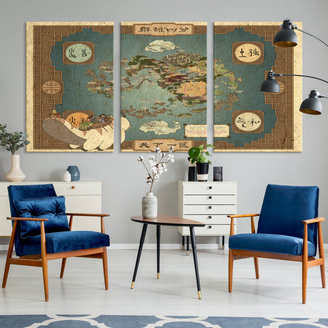 Hanging above is the Avatar: The Last Airbender Vintage Map - Wall Art Canvas Print, framed and ready to hang, showcasing an enchanting glimpse into the iconic four nations design.