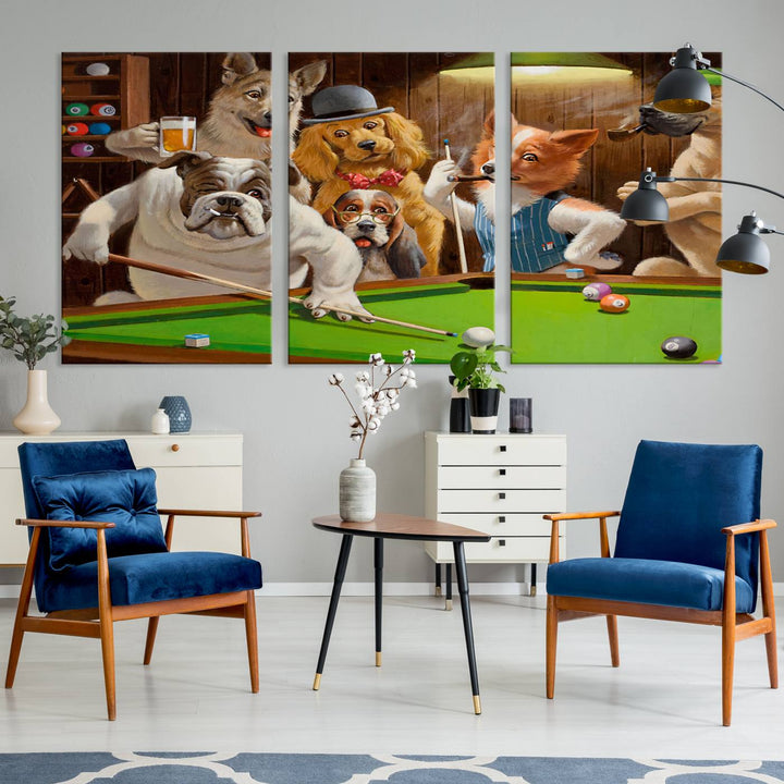 The "Dogs Playing Pool Canvas Wall Art" features a whimsical scene of dogs dressed as humans playing pool in a bar, presented as a three-panel display with a gallery-quality finish.