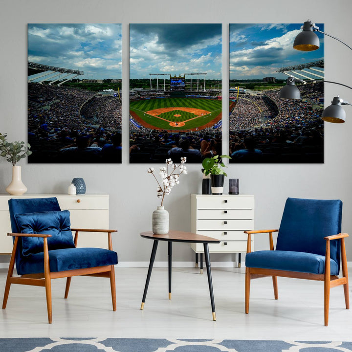 Kauffman Stadium Day Game Triple Canvas Wall Art - Kansas City Royals MLB Match