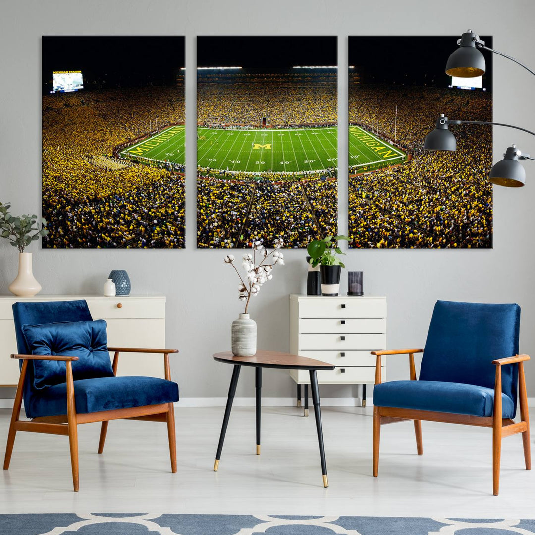 Michigan Wolverines Football Team Print - Michigan Stadium Night Game Triple Canvas Wall Art - University of Michigan Football Match