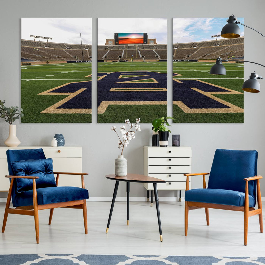 Notre Dame Stadium Giclee Canvas Print | Triptych Wall Art Featuring Iconic Notre Dame Football Field | Ready-to-Hang Sports Stadium Decor