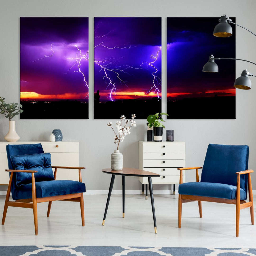 Electrifying Sunset Thunderstorm Canvas Print – Dramatic Lightning and Vibrant Sunset Wall Art