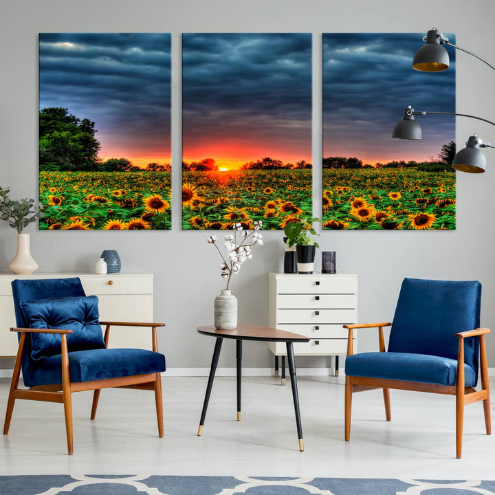 Golden Sunflower Field at Sunset – Breathtaking Sky and Vibrant Flowers, Ready to Hang Wall Art Canvas Print