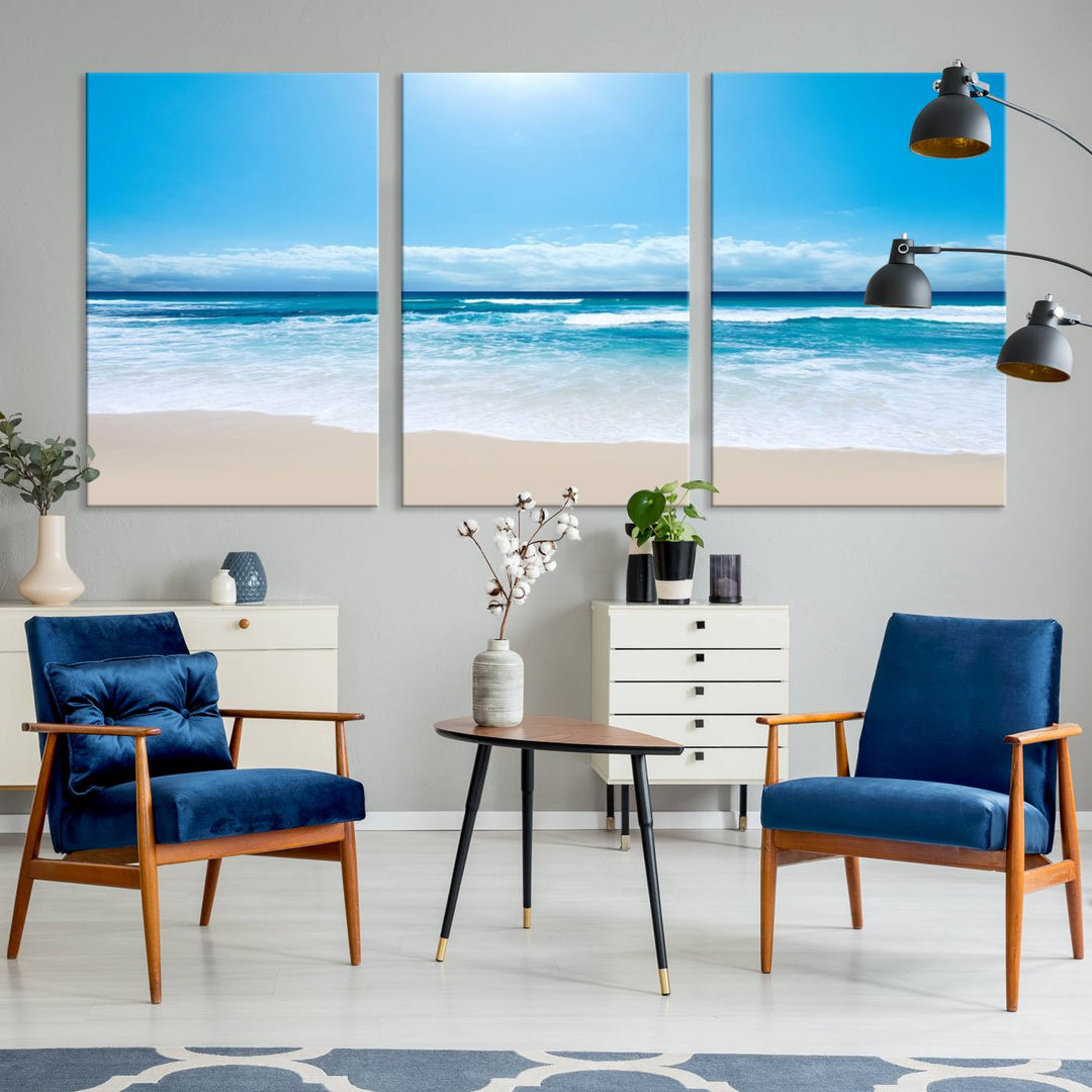 Lienzo decorativo para pared grande con estampado de mar y playa azul brillante