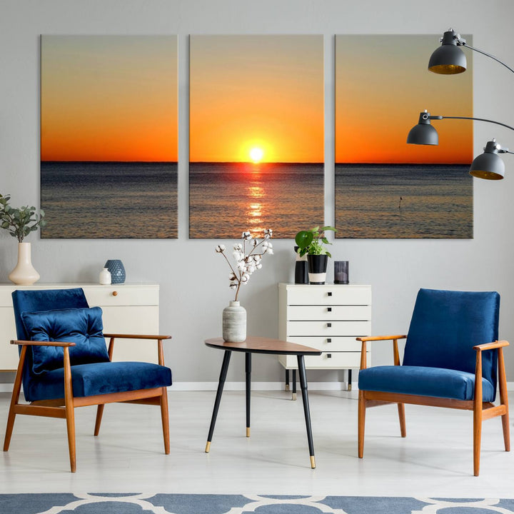 Golden Horizon Sunset Over Ocean Wall Art Canvas Print – Tropical Beach Canvas Wall Art – Giclee Print for Coastal Theme Decor Print