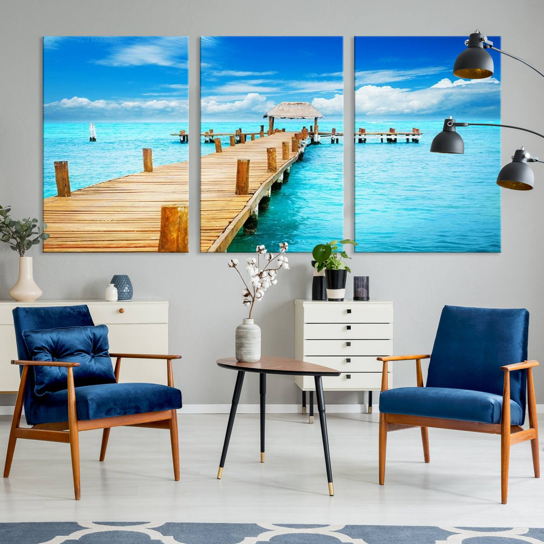 Tropical Pier Triptych Wall Art, Stunning Turquoise Ocean and Wooden Dock Canvas Print, Coastal Beach House Decor, Ocean View Canvas Art