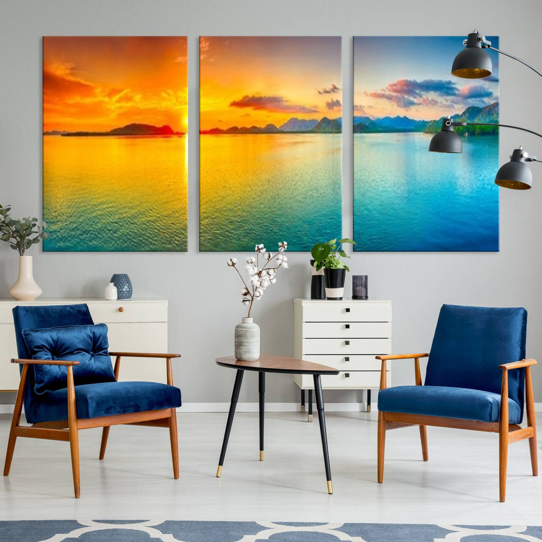 Impresión en lienzo de arte de pared grande, puesta de sol colorida, mar y montaña para decoración de sala de estar