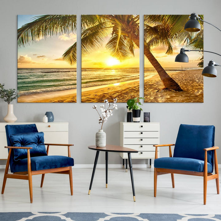 Tableau imprimé sur toile avec palmiers sur la plage au coucher du soleil