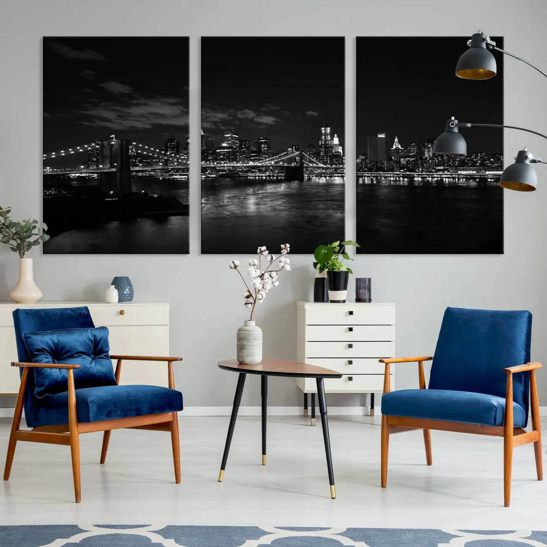 The "NEW YORK Canvas Prints Black and White Brooklyn Bridge Print" is a stunning triptych showcasing the iconic city skyline and bridge. Printed on museum-quality canvas with a UV-protective coating, it is ready to hang and instantly elevates your decor.