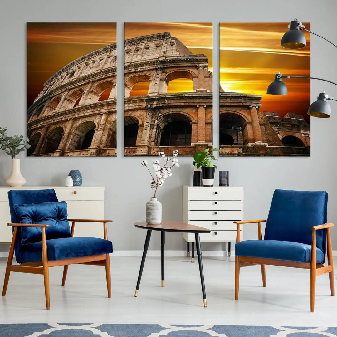 A three-panel canvas titled "Colosseum with Yellow Sunset Behind, Italy," protected with a UV-coating, is elegantly displayed.