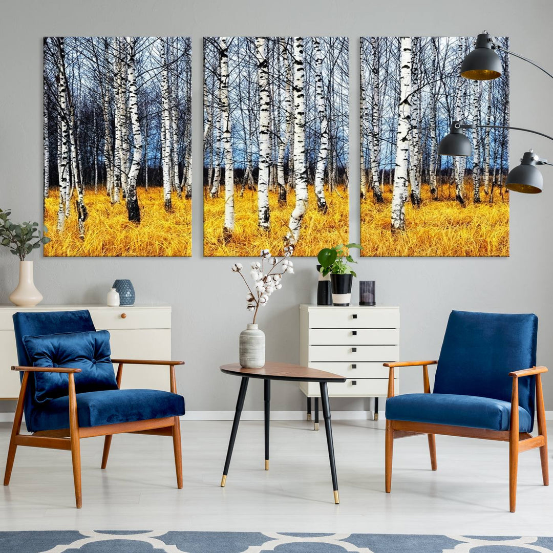 Impression d’art mural de bouleaux, art mural paysage, impression sur toile, arbres sans feuilles sur fond jaune